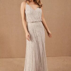 Elegant Beaded Evening Gown- Anthropology BHLDN Fidelia Beaded Maxi Dress in Fog